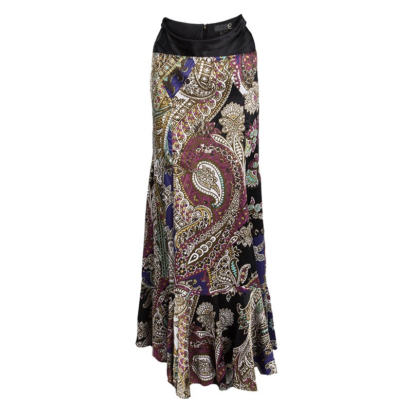 Pre Owned Just Cavalli Multicolor Printed Satin Ruffle Bottom Maxi Skirt M