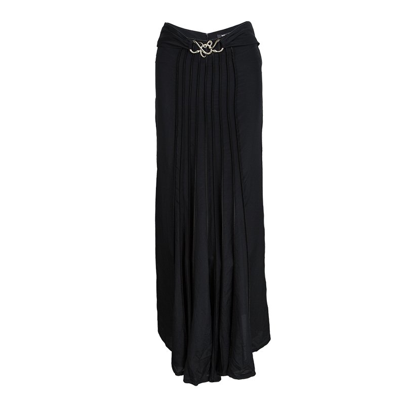 Pre Owned Just Cavalli Black Snake Logo Buckle Detail Pintucked Maxi Skirt S