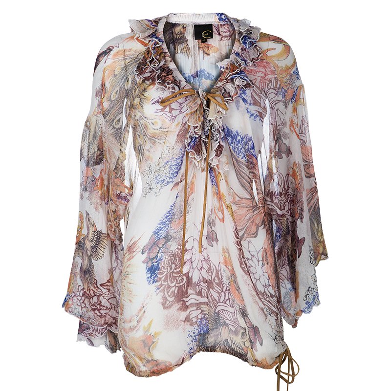 Pre Owned Just Cavalli Printed Silk Chiffon Top L