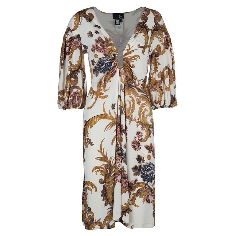 Pre Owned Just Cavalli Cream Baroque Print Dress L