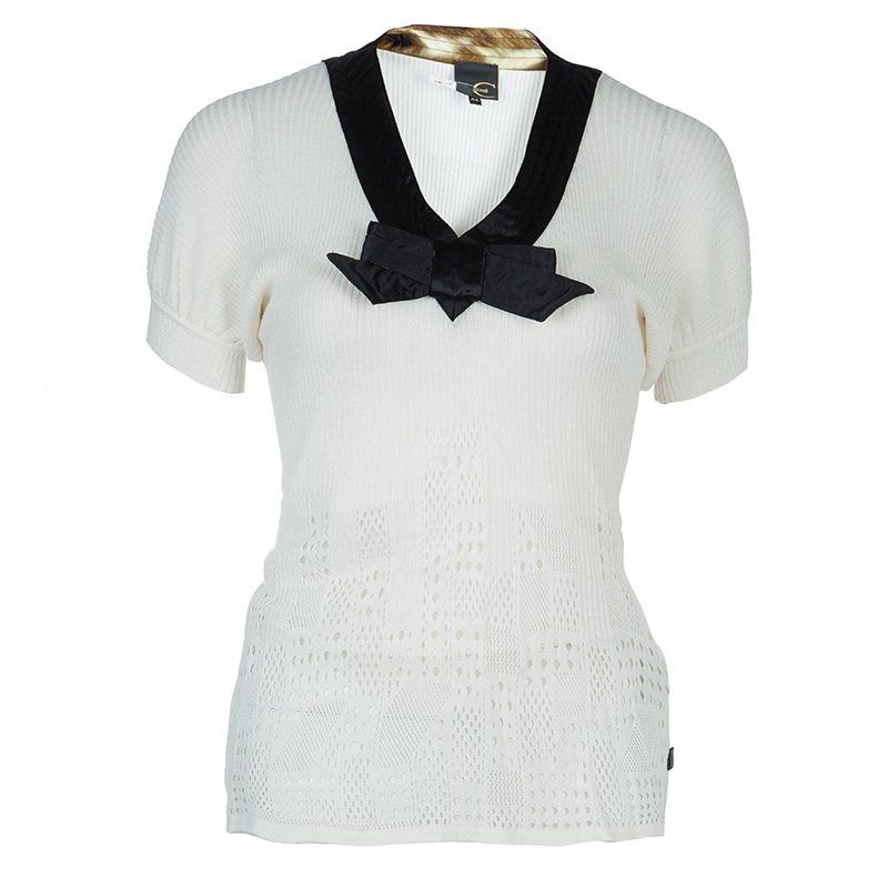 Pre Owned Just Cavalli White Knit Bow Detail Short Sleeve Top M