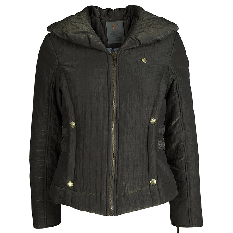 Pre Owned Just Cavalli Olive Green Metallic Finish Hooded Puffer Jacket S