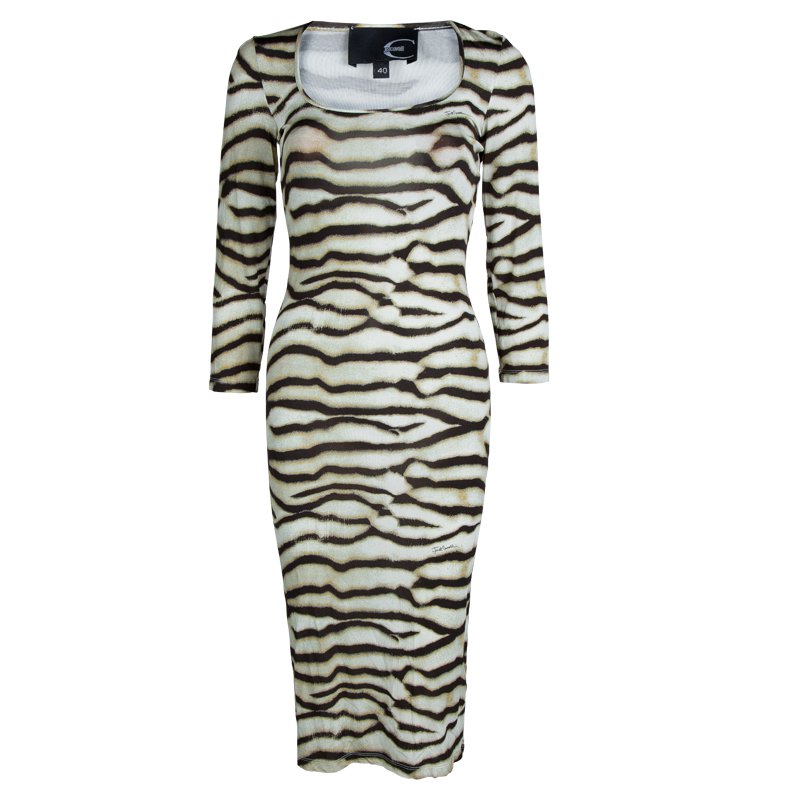 Pre Owned Just Cavalli Beige Tiger Print Jersey Long Sleeve Dress S