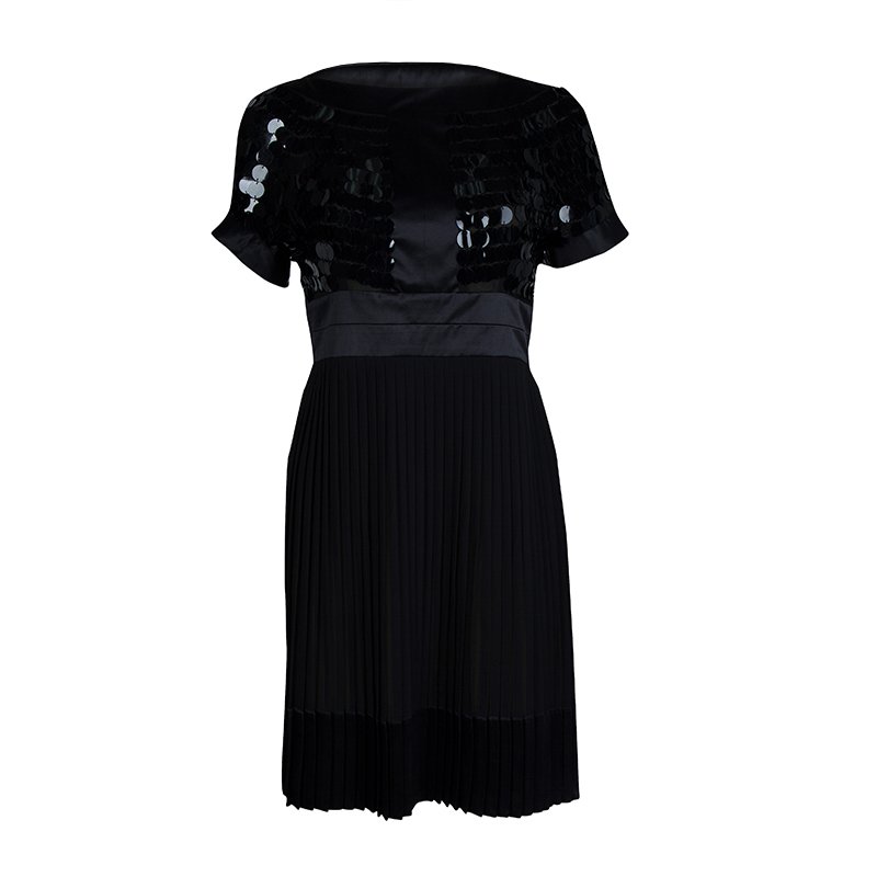 Pre Owned Just Cavalli Black Silk Paillette Embellished Pleated Short Sleeve Dress M