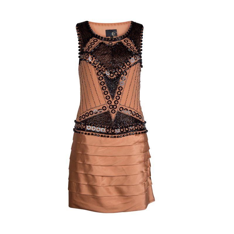 Pre Owned فستان جست كافالي حرير برتقالي مزخرف بطيات مزينة بلا أكمام M