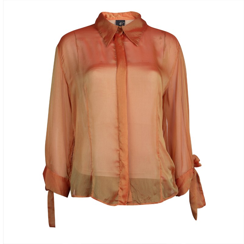 Pre Owned Just Cavalli Orange Crinkled Chiffon Long Sleeve Sheer Blouse L