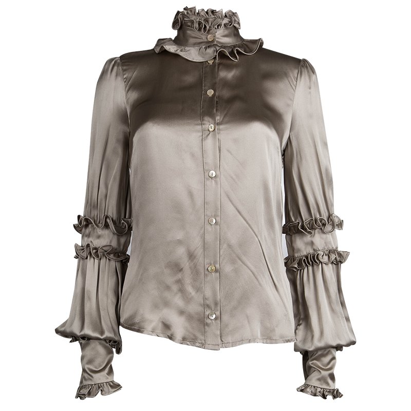 Pre Owned Just Cavalli Beige Satin Ruffle Detail Long Sleeve Shirt S