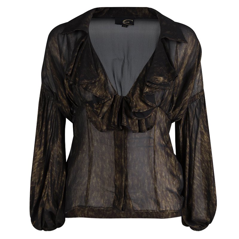 Pre Owned Just Cavalli Metallic Printed Silk Ruffle Detail Sheer Blouse XL