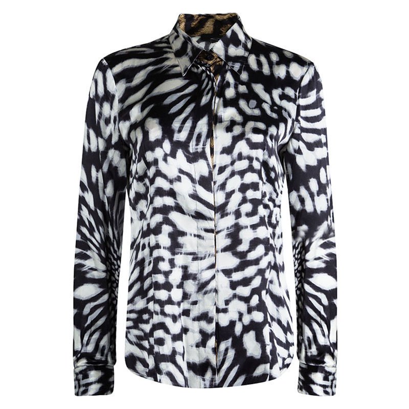Pre Owned Just Cavalli Black Silk Leopard Print Button Down Long Sleeve Shirt M
