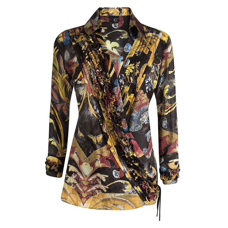 Pre Owned Just Cavalli Black Floral Printed Ruffle Detail Wrap Top M