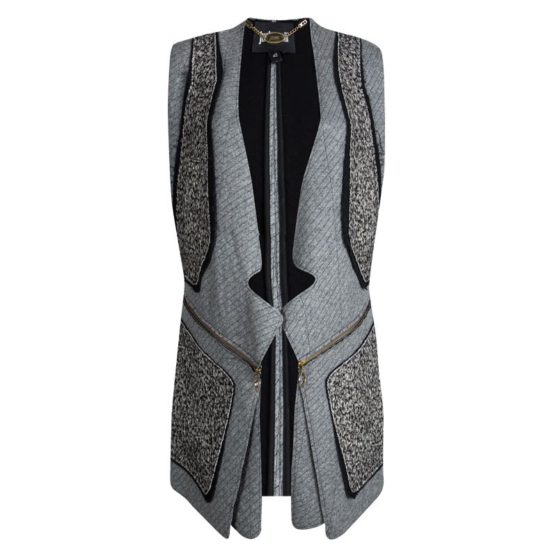 Pre Owned Just Cavalli Grey Textured Panel Zip Detail Sleeveless Vest M