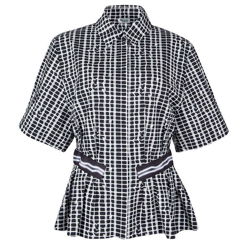 Pre Owned Kenzo Neon Plaid Pleat Detail Cotton Blouse L 