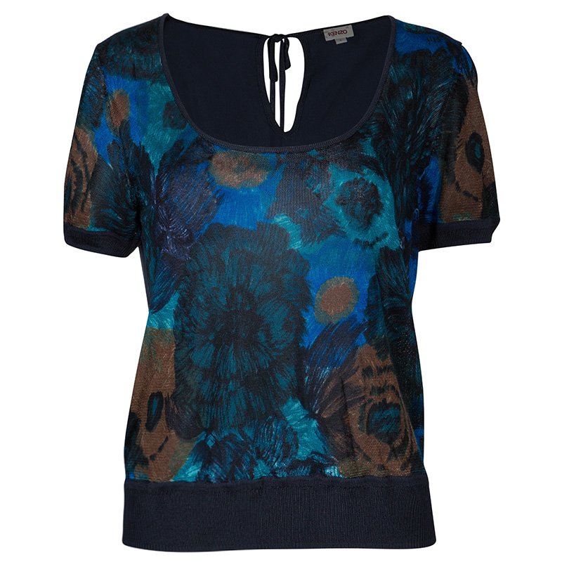 Pre Owned Kenzo Blue Multicolor Print Top L