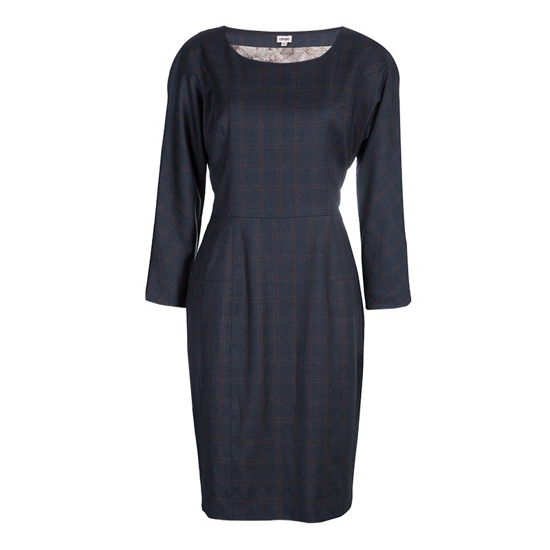 Pre Owned Kenzo Plaid Wool Sheath Dress L