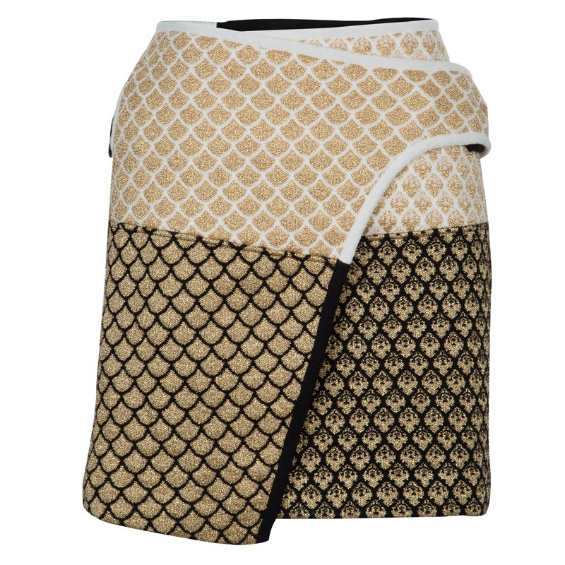 مملوكة مسبقًا Kenzo Gold and Black Jacquard Lurex Knit Wraparound Skirt L