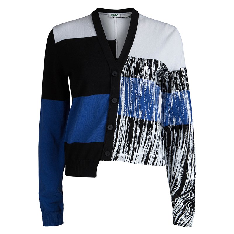 Pre Owned Kenzo Colorblock Abstract Print Button Front Cardigan M