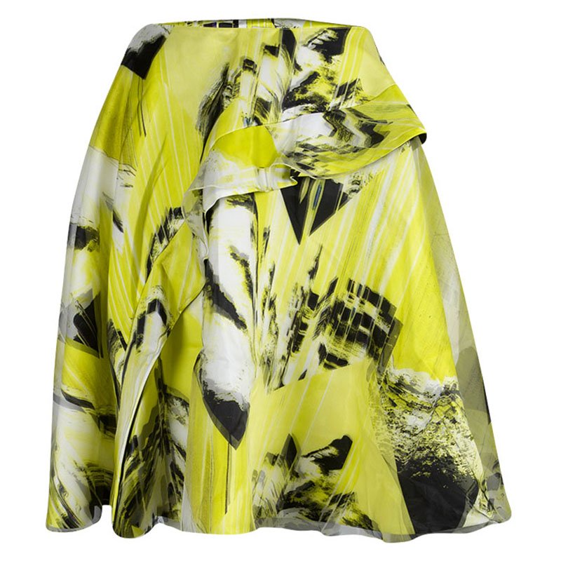 Pre Owned Kenzo Yellow Printed Organza Overlay Circular Skirt S