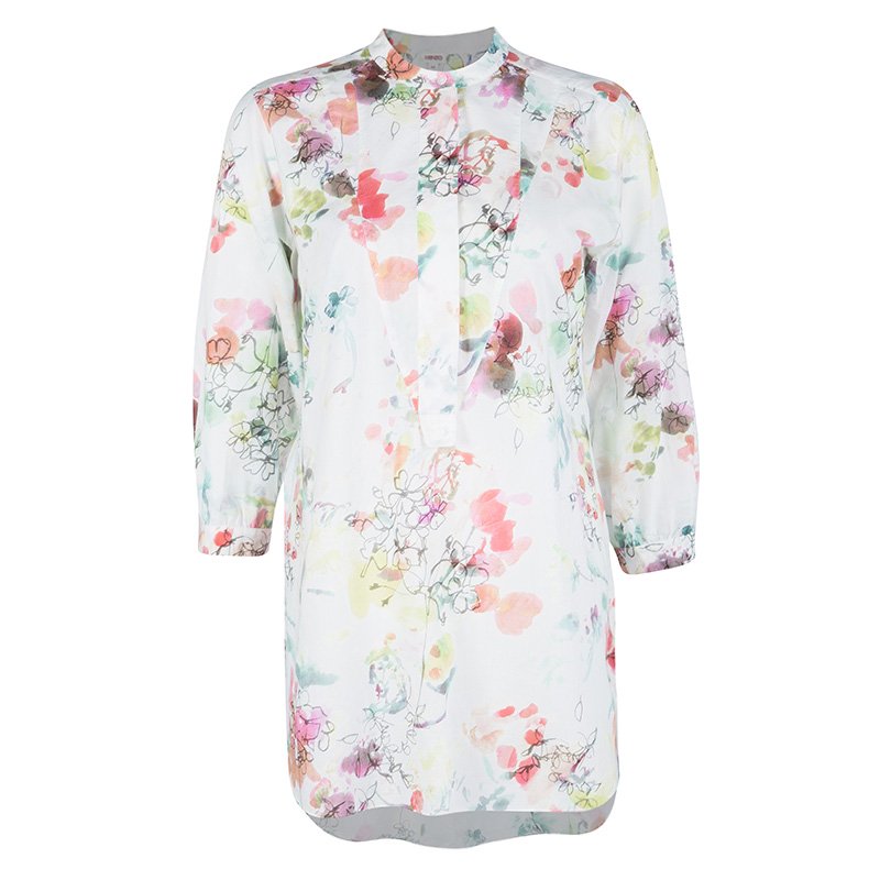 Pre Owned Kenzo White Cotton Multicolor Floral Print Long Sleeve Tunic M