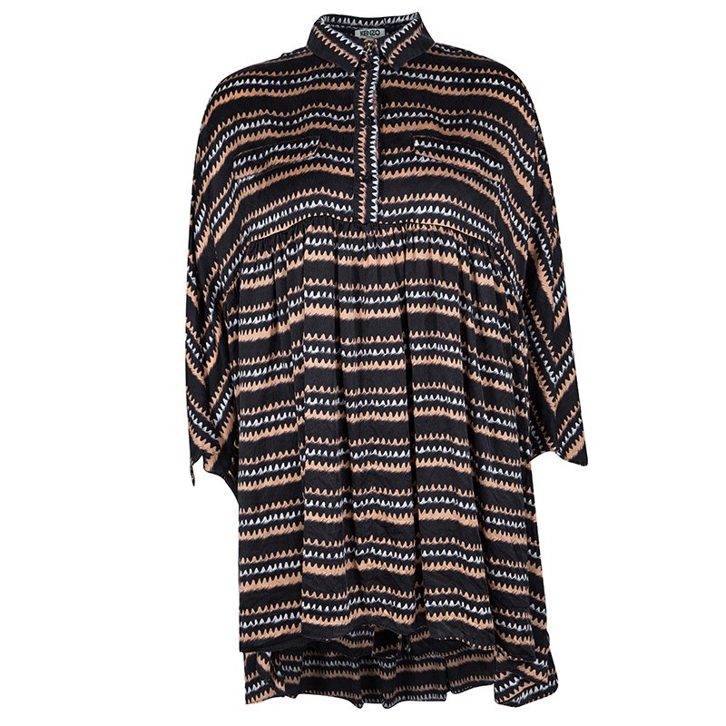 Pre Owned Kenzo Black Abstract Printed Silk Oversized Button Front Tunic M