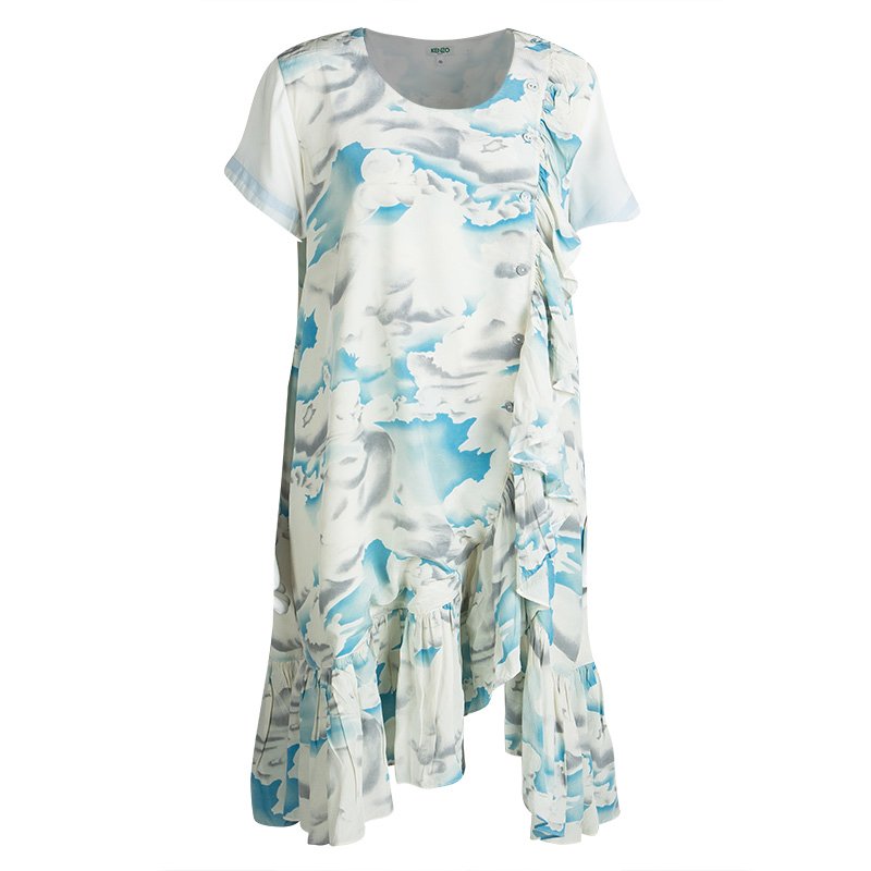 Pre Owned Kenzo Multicolor Cloud Printed Silk Ruffle Detail Dress XL