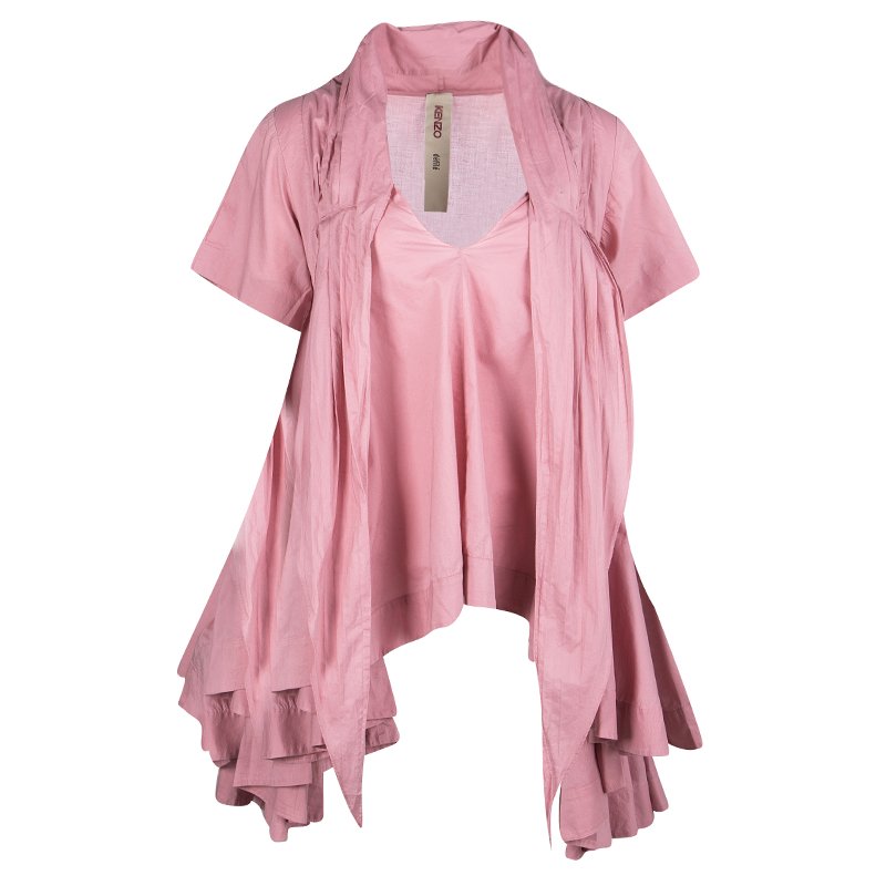 Pre Owned Kenzo Pink Cotton Gathered High Low Short Sleeve Tunic M