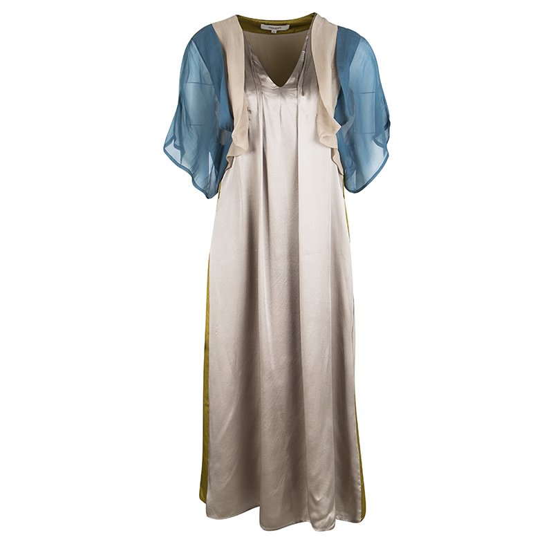 Pre Owned Kenzo Colorblock Silk Satin Chiffon Trim Dress M