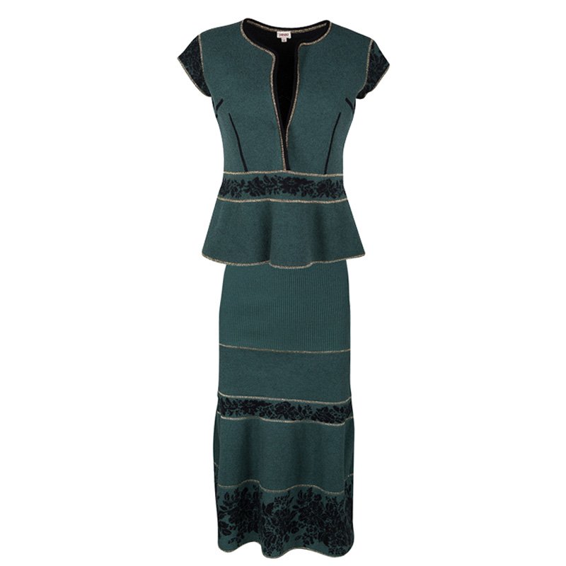 Kenzo Green Floral Wool Jacquard Lurex Detail Skirt and Top Set S