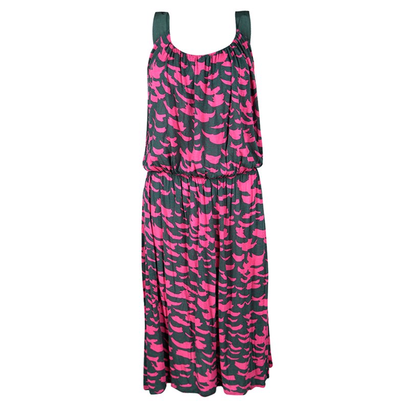 Pre Owned Kenzo Grey and Pink Printed Sleeveless Midi Dress S