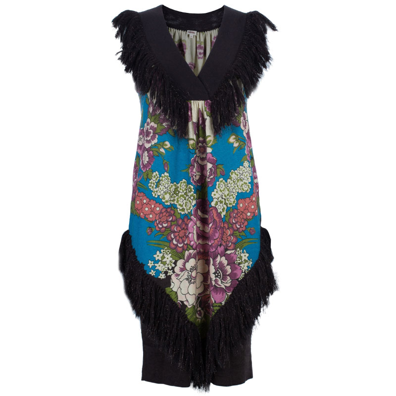 Pre Owned Kenzo Floral Fringed Wool Dress M
