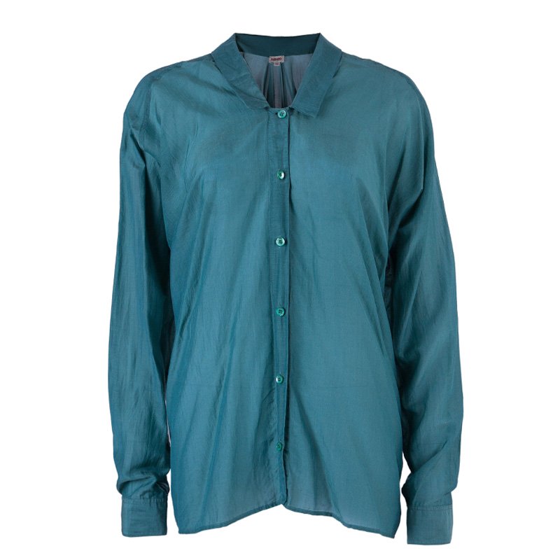 Pre Owned Kenzo Green Long Sleeve Cotton Top M