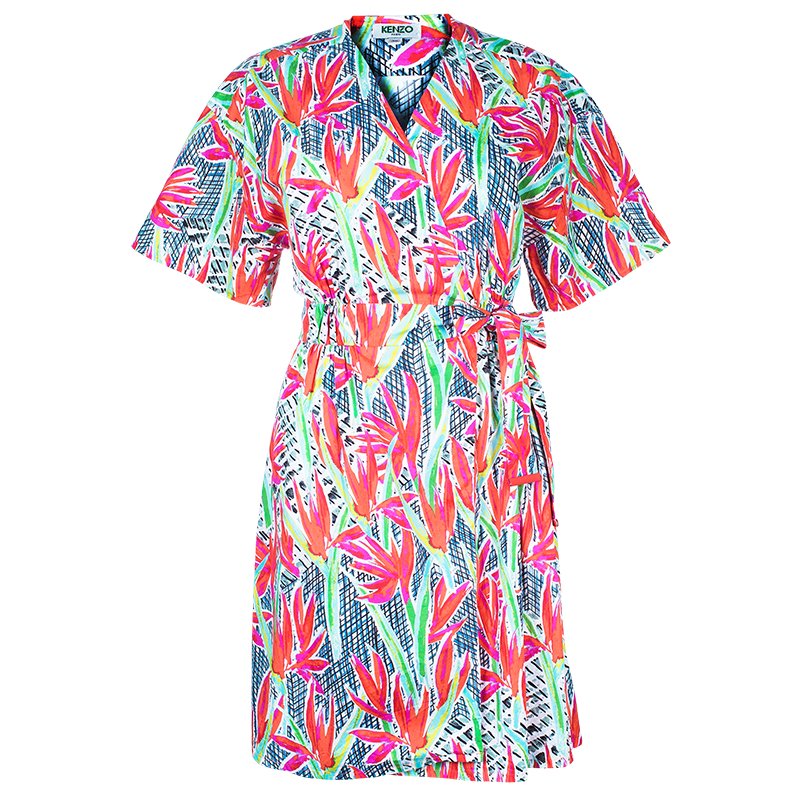 Pre Owned Kenzo Multicolor Print Wrap Tie Dress S