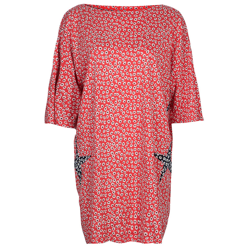 Pre Owned Kenzo Red Floral Print Knit Shift Dress L