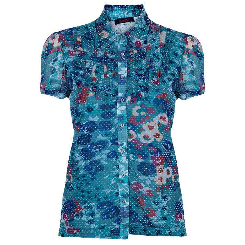 Pre Owned Kenzo Green Floral Print Short Sleeve Top L