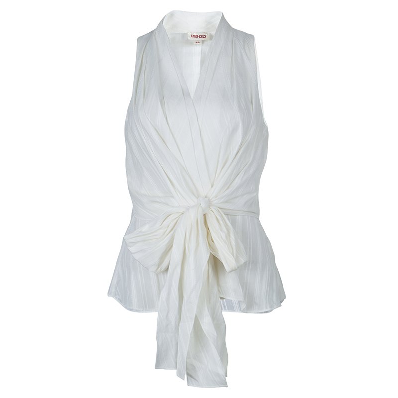 Pre Owned Kenzo White Pleated Cotton Sleeveless Top M