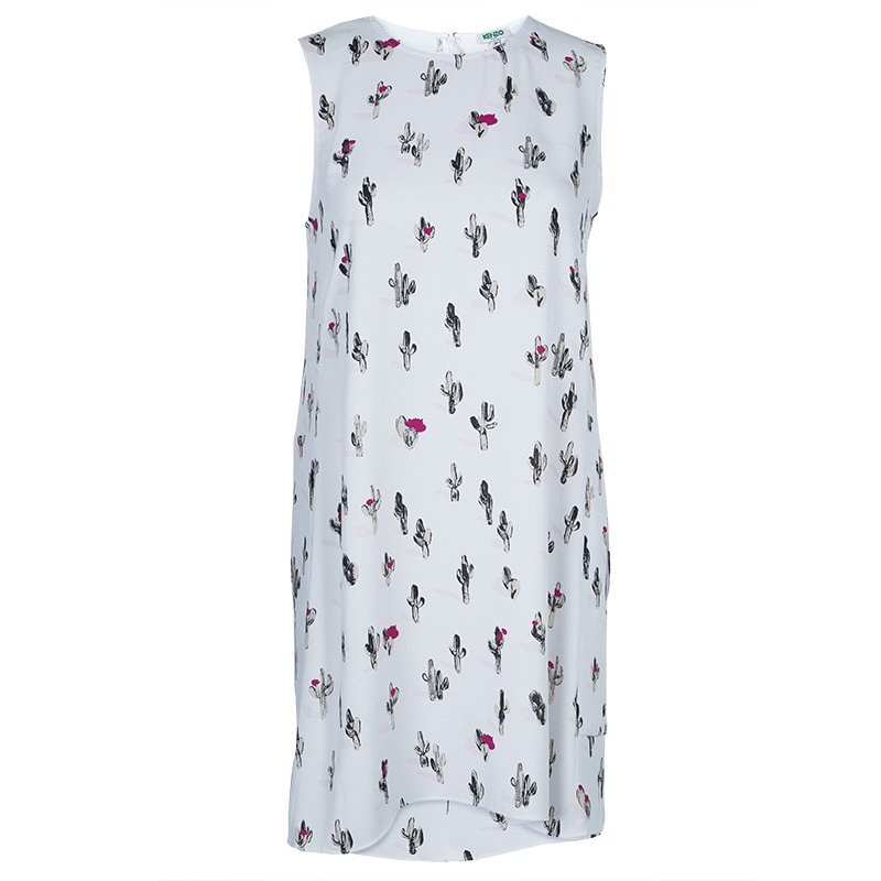 Pre Owned Kenzo White Cactus Print Sleeveless Shift Dress S