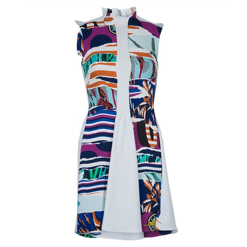 Pre Owned Kenzo Multicolor Print Smocking Detail Sleeveless Dress S