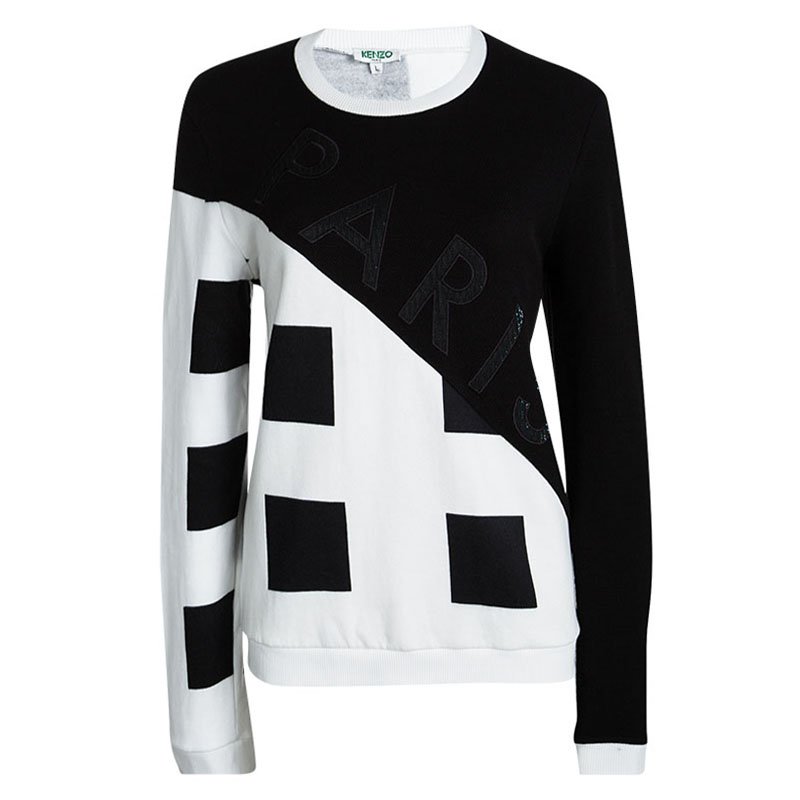 Pre Owned Kenzo Monochrome Knit Square Print Sweatshirt L