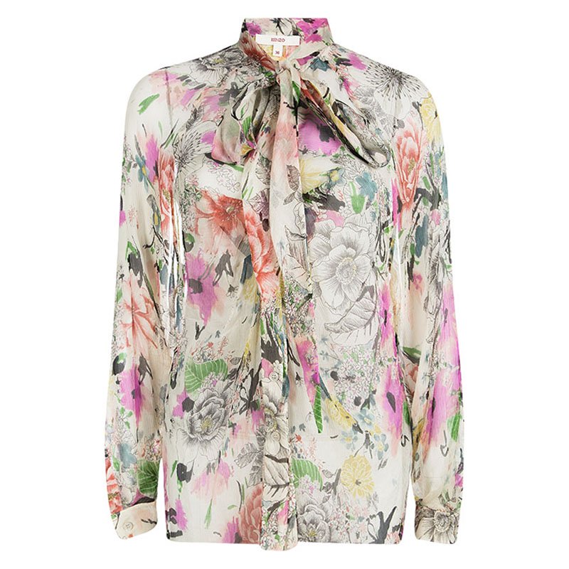 Pre Owned Kenzo Floral Printed Crinkled Silk Chiffon Front Tie Detail Blouse S