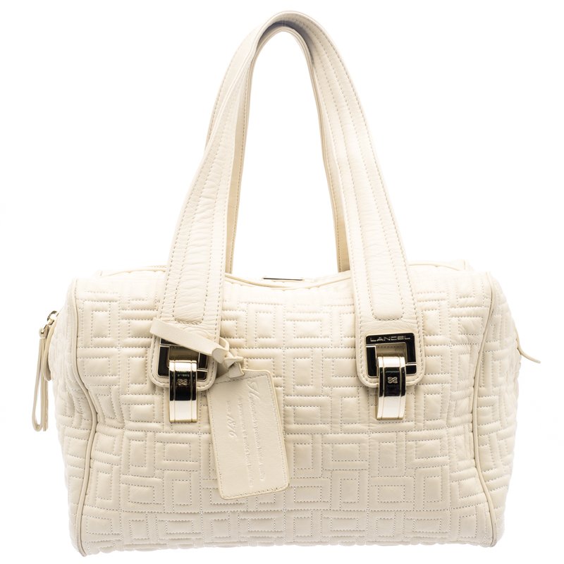 Lancel Off White Embossed Leather Satchel