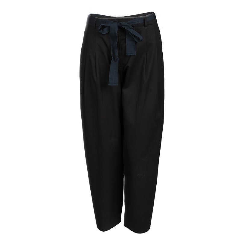 Pre Owned Lanvin Black Cotton Waist Tie Detail Trousers L