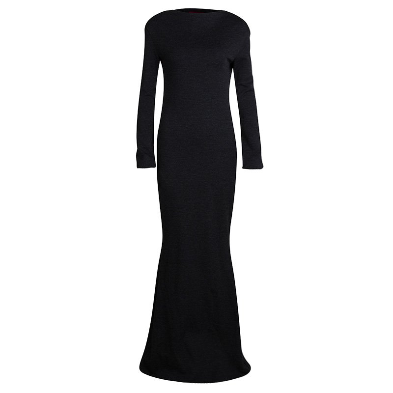 Pre Owned Lanvin Dark Grey Wool Zip Detail Long Sleeve Maxi Dress S