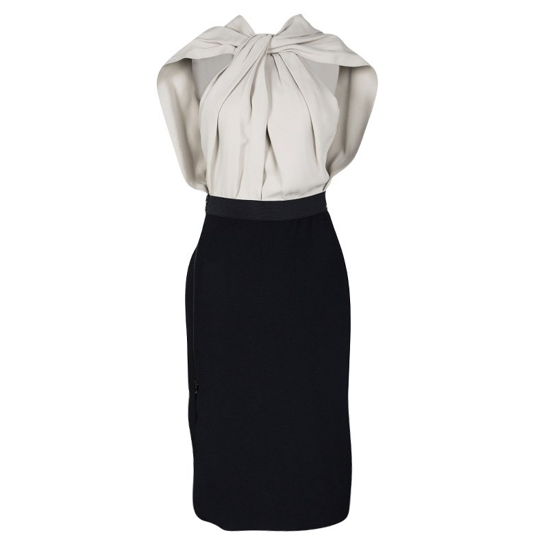 Pre Owned Lanvin Beige and Black Knotted Back Detail Draped Front Dress M