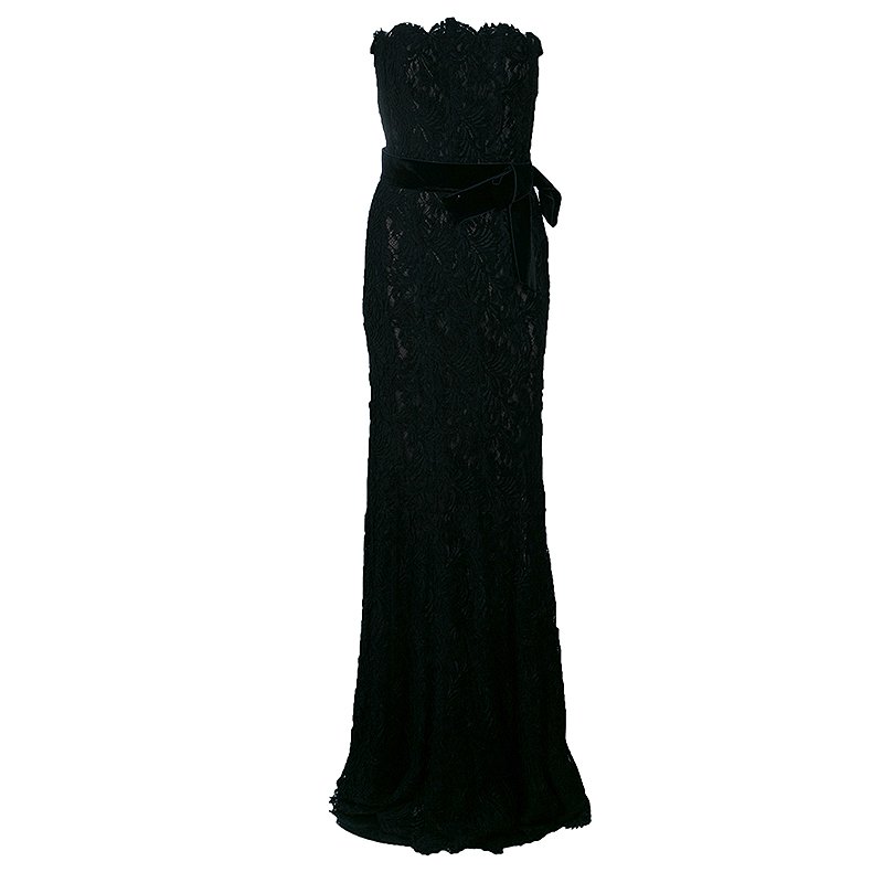 Pre Owned Lanvin Black Lace Strapless Gown M