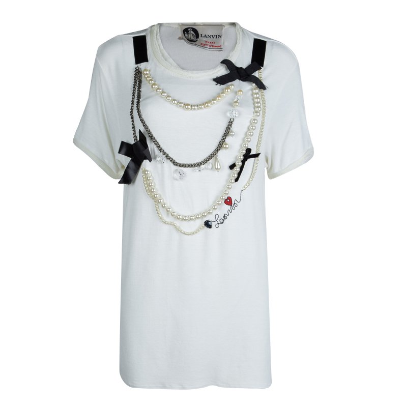 Pre Owned Lanvin White Jersey Embellished Necklace Detail T-Shirt M