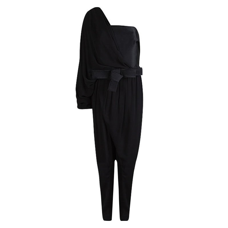 Pre Owned Lanvin Black One Shoulder Belted Jumpsuit L