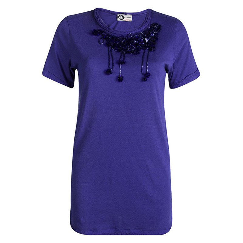 Pre Owned Lanvin Blue Knit Sequin Embellished Chiffon Trim Top S