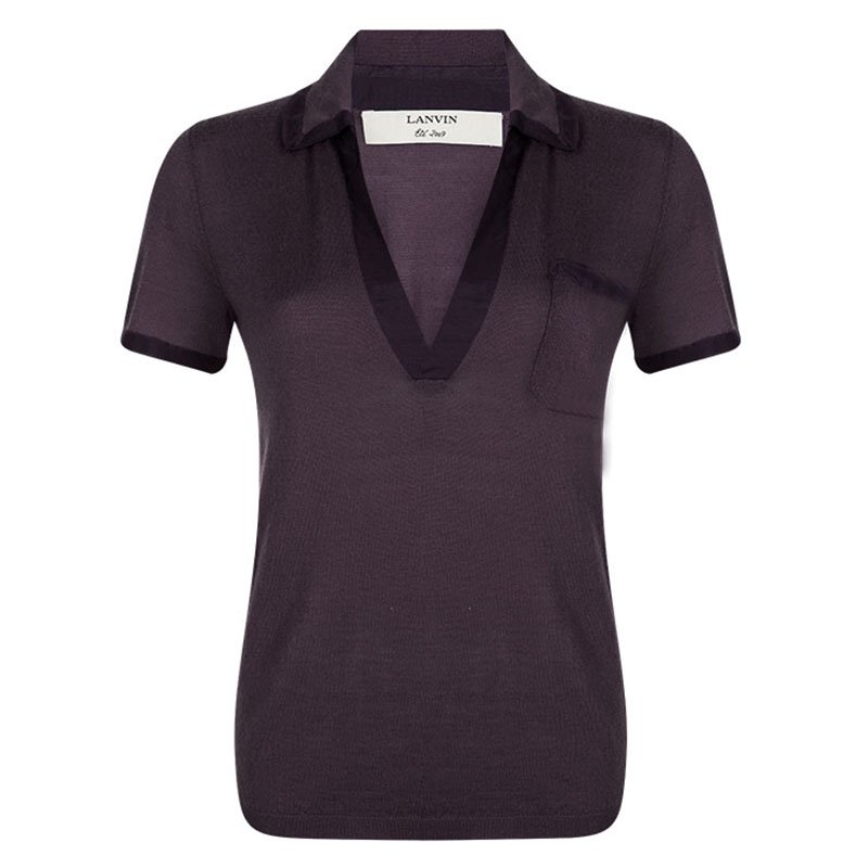 Pre Owned Lanvin Purple Knit Contrast Trim Short Sleeve Top M