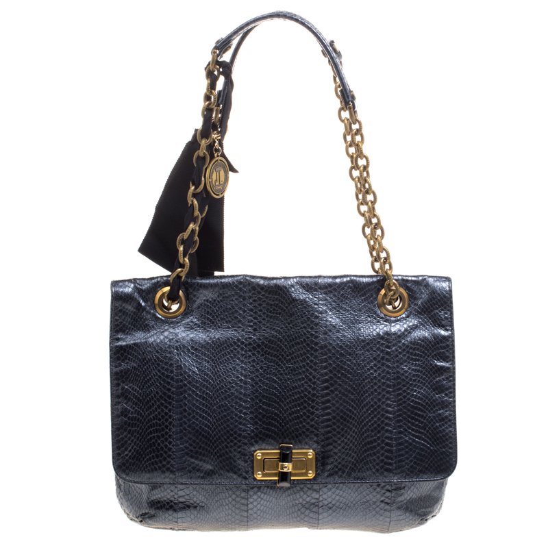 Pre Owned Lanvin Metallic Navy Blue Python Happy Shoulder Bag