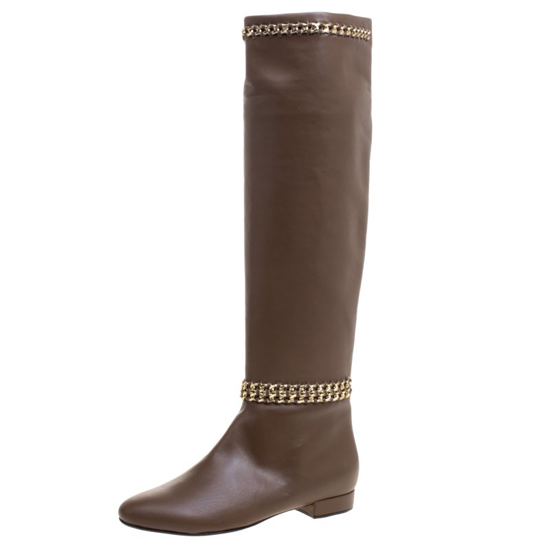 Pre Owned Le Silla Brown Leather Chain Detail Knee High Boots Size 39