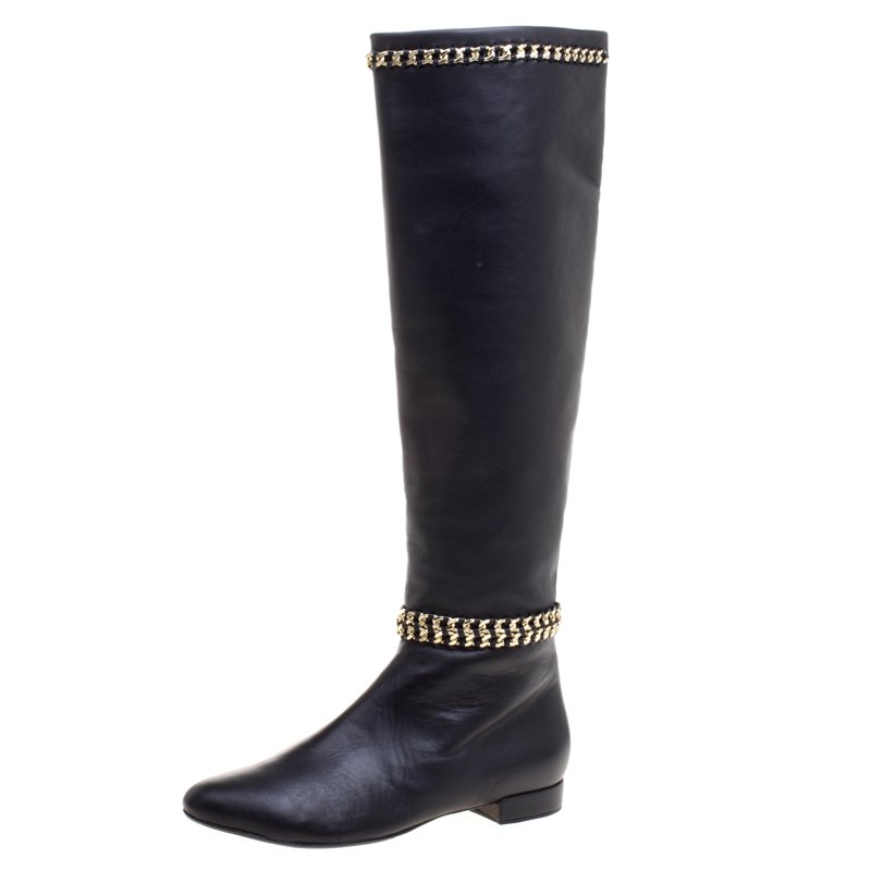 Pre Owned Le Silla Black Leather Chain Detail Knee High Boots Size 40